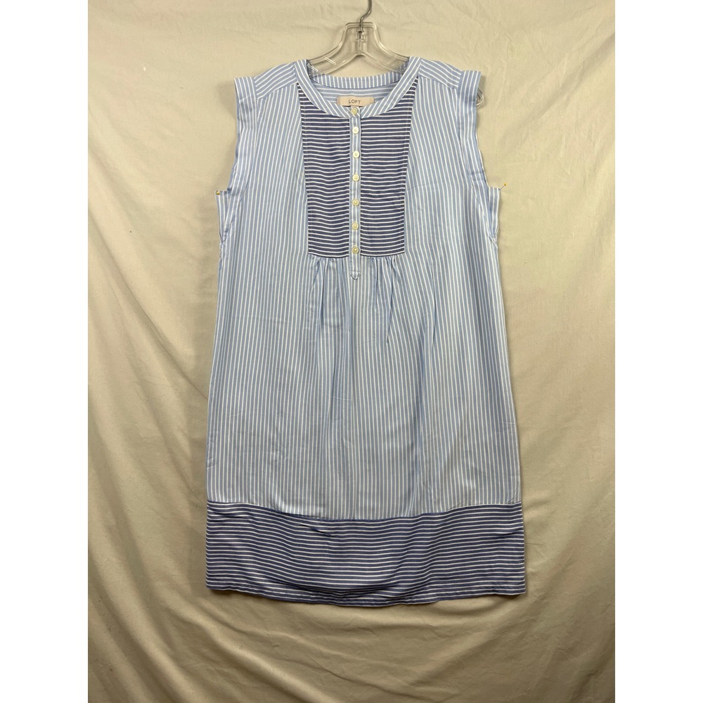 LOFT Shift Dress Womens Small Blue White Striped Sleeveless Cotton Pleated Bib